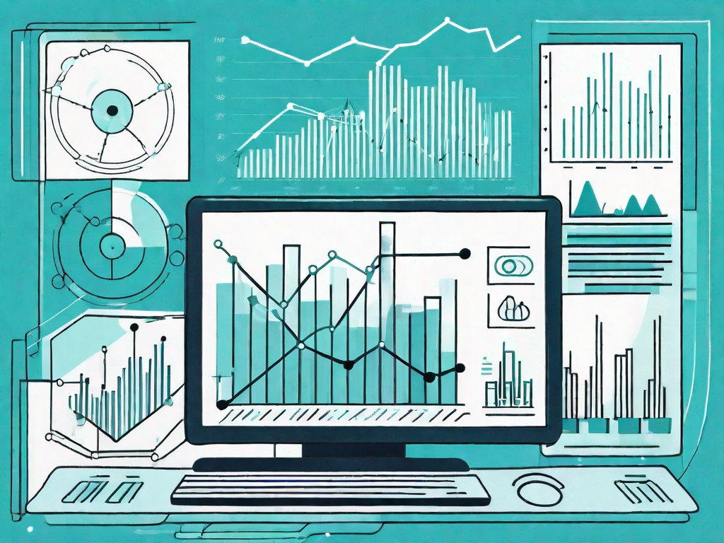 A computer processing data with various charts and graphs floating around it