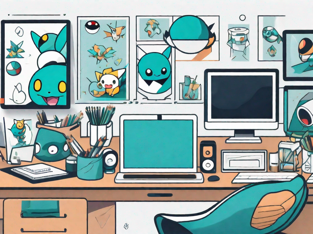 A neat and organized workspace with a computer displaying pokémiro and miro applications