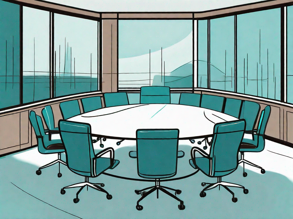 A corporate boardroom table with an empty chair