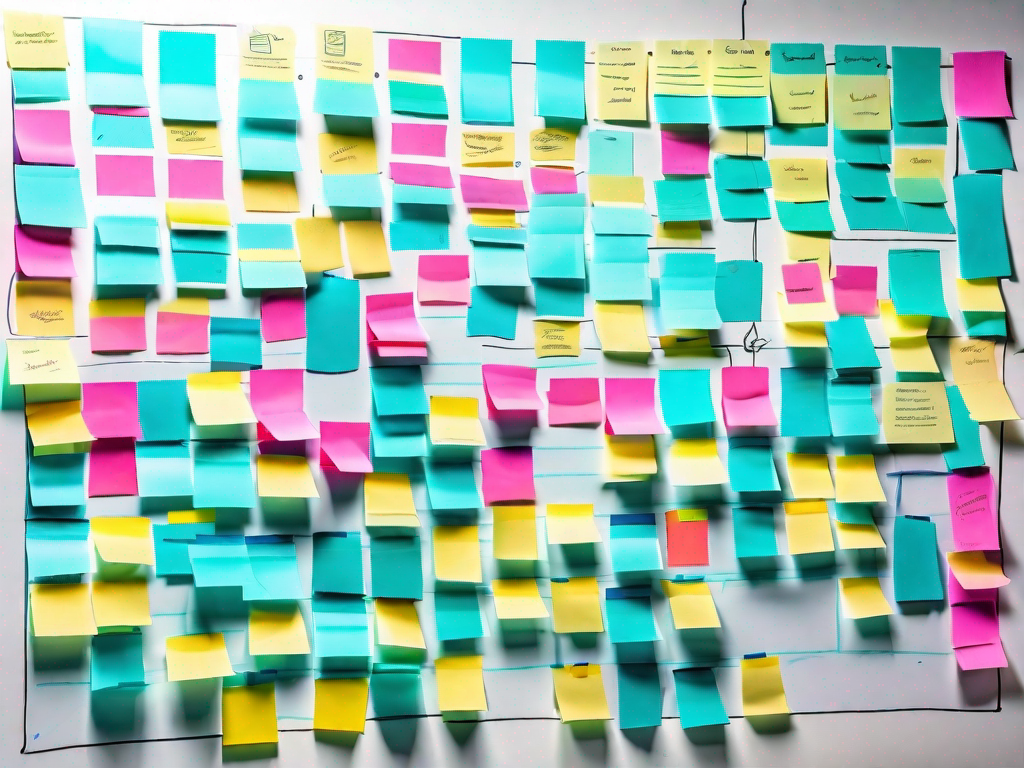 Various colorful sticky notes arranged in groups on a large whiteboard