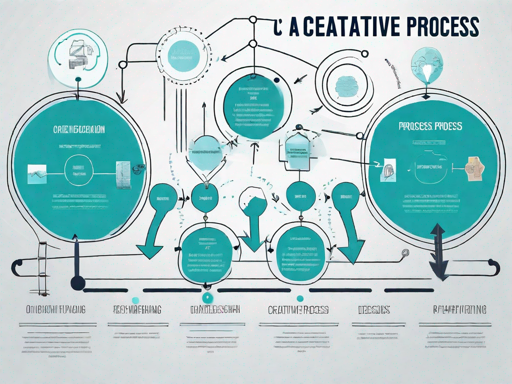 A creative process flowchart with various design tools and elements