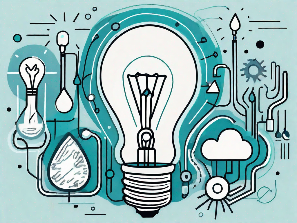 A light bulb surrounded by various abstract shapes and symbols