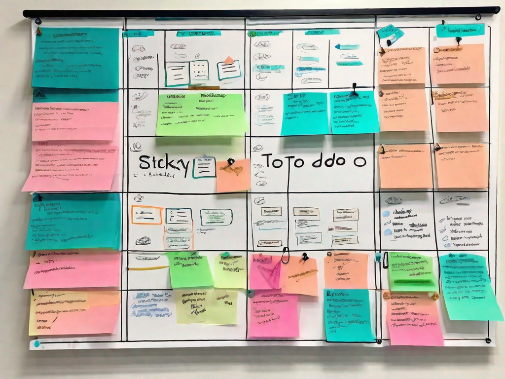 A detailed and organized agile board filled with sticky notes