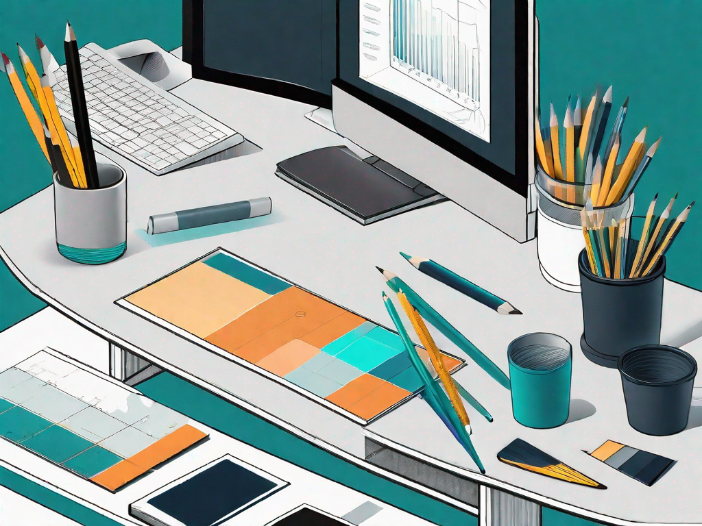 A desk with various design tools like color palettes