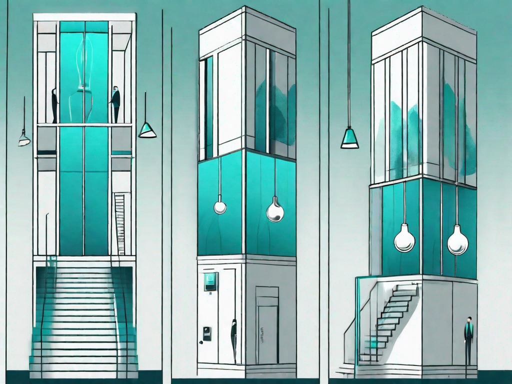 An elevator ascending with different stages of crafting visible inside each floor