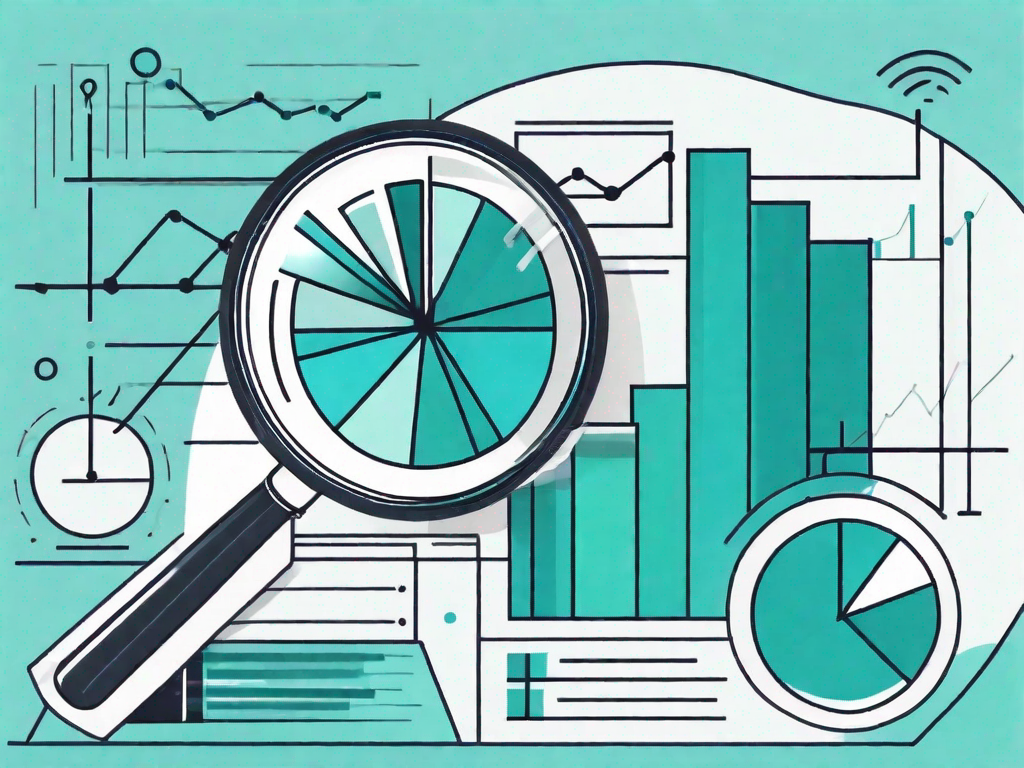 A magnifying glass hovering over a series of bar graphs and pie charts