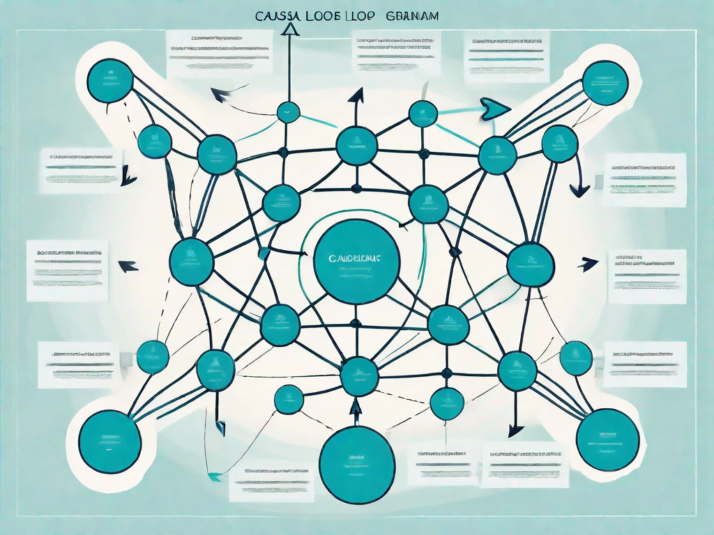 A complex causal loop diagram with various interconnected nodes and arrows