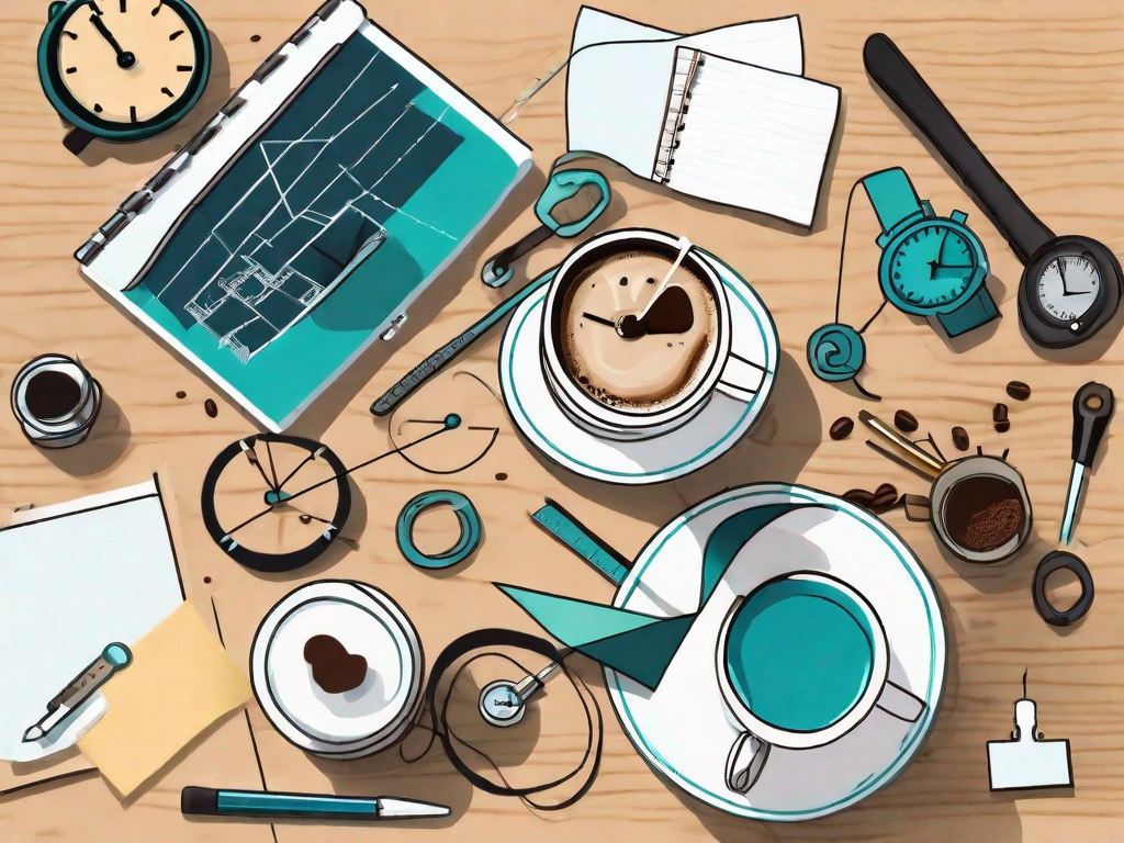 A coffee cup on a table surrounded by various tools like a stopwatch