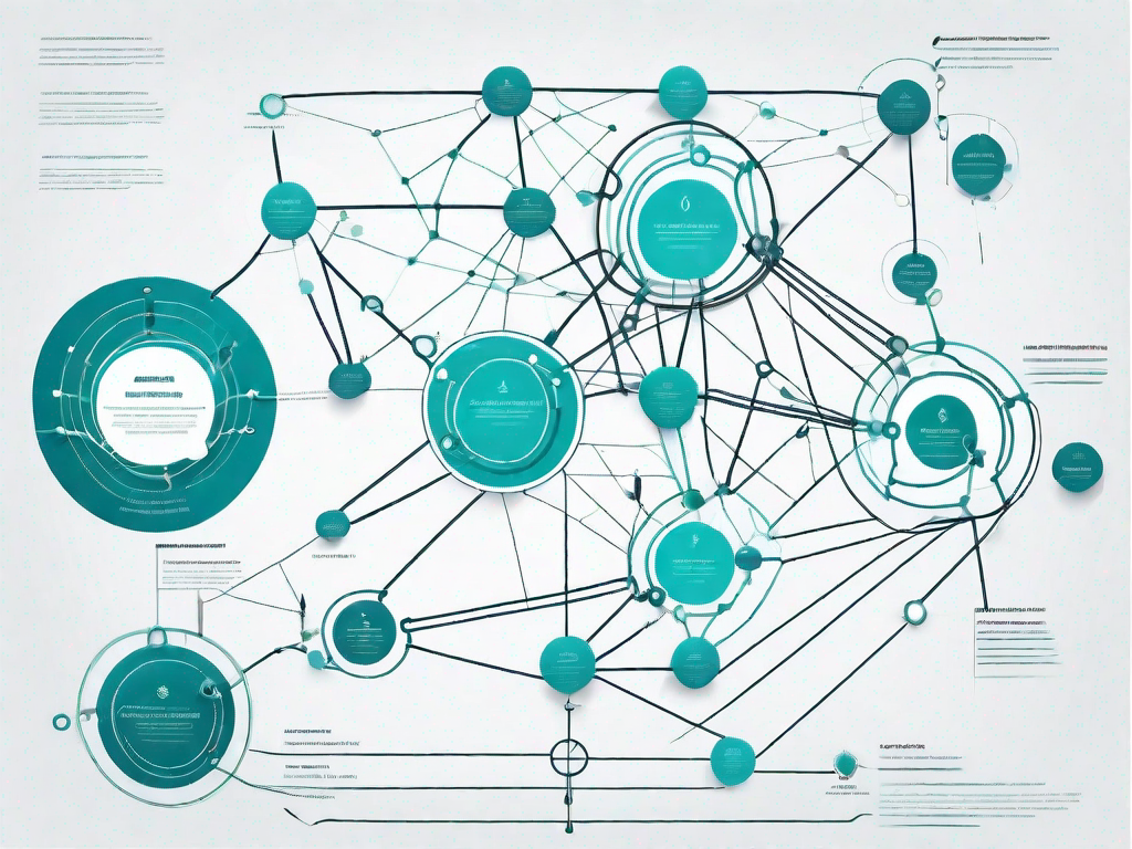 A detailed chart with various interconnected nodes and pathways