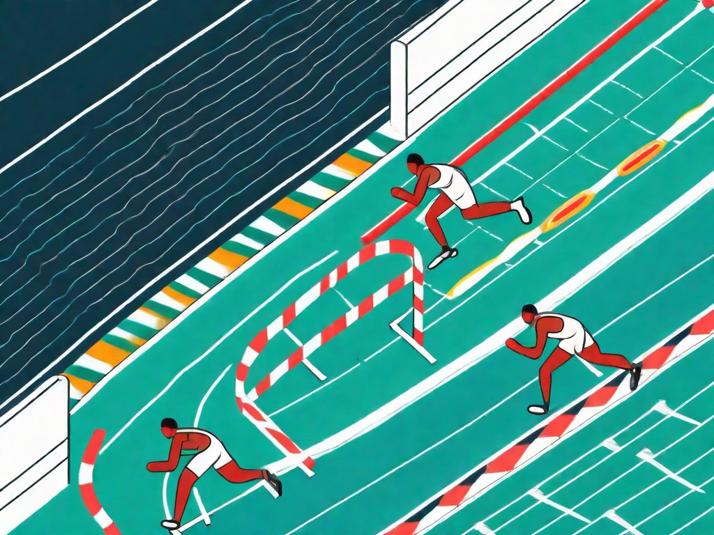 A racing track with hurdles representing different stages of a sprint review