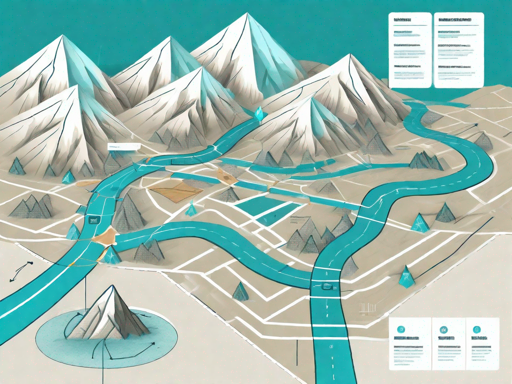 A detailed roadmap spread out with various notable features like mountains