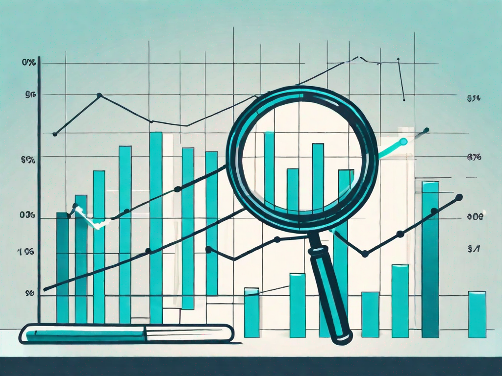 A magnifying glass hovering over a bar graph and pie chart