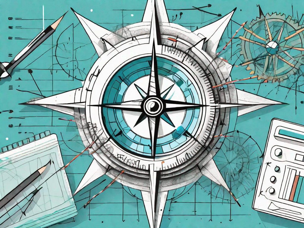 A navigation compass surrounded by common product management tools like graphs