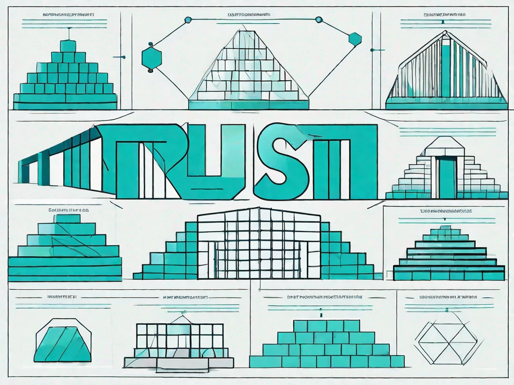 A solid structure being built with blocks labeled with trust-related concepts such as transparency