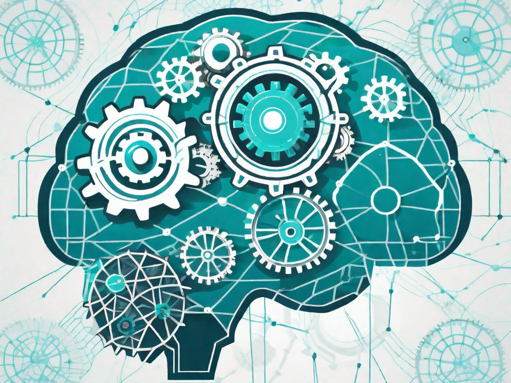 A brain connected to a magnifying glass that is highlighting a series of interconnected gears and cogs