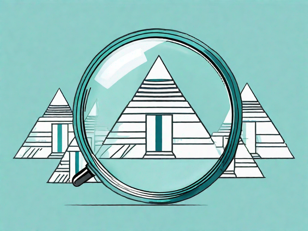 A magnifying glass focusing on a pyramid with different layers