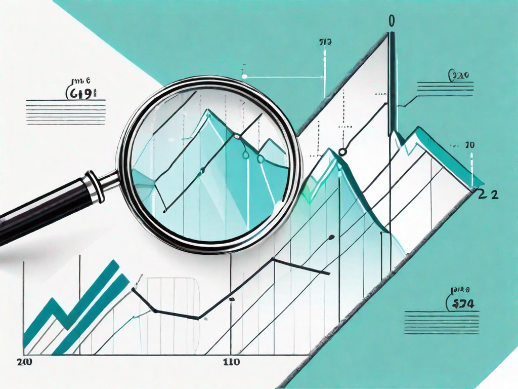 A magnifying glass highlighting the gap between two points on a business growth chart