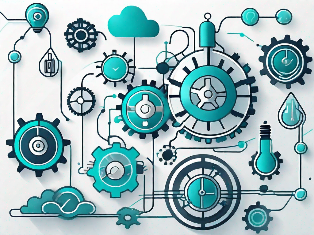 A roadmap branching out into various technological icons such as gears