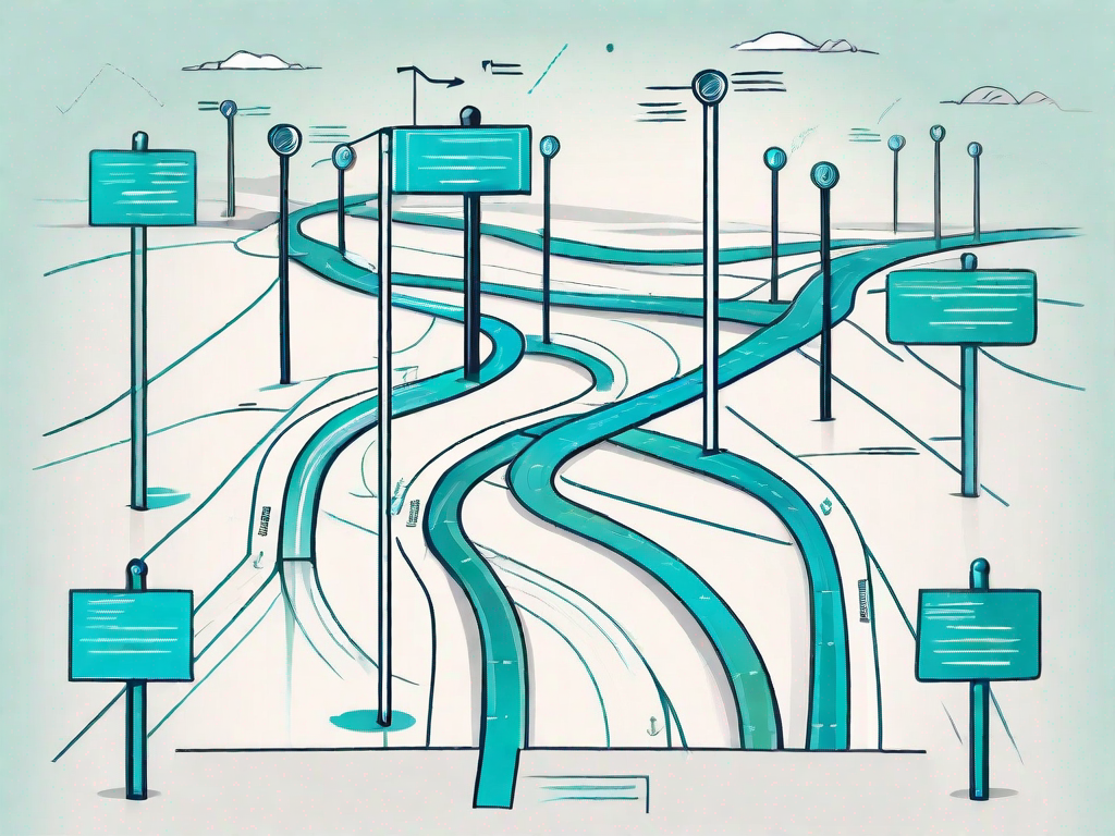 A detailed roadmap with various signposts symbolizing different stages of a communication plan