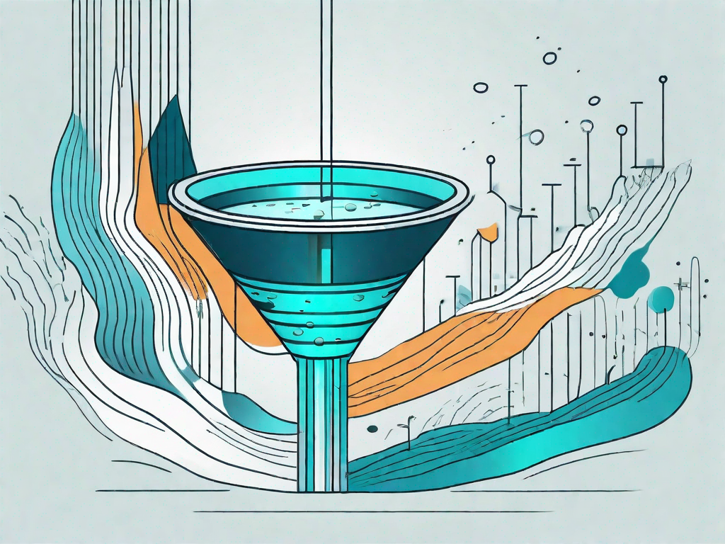 A stream flowing with different types of data (represented by different shapes and colors) being filtered through a large funnel