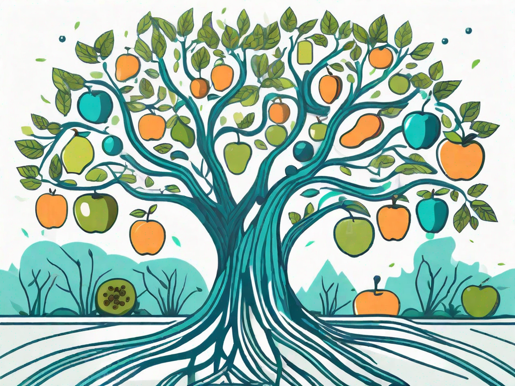 A growing tree with products as fruits and roots symbolizing a community