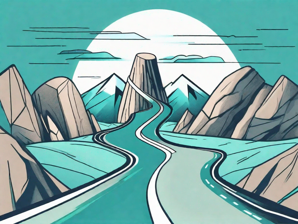 A winding road with various obstacles like large rocks and roadblocks