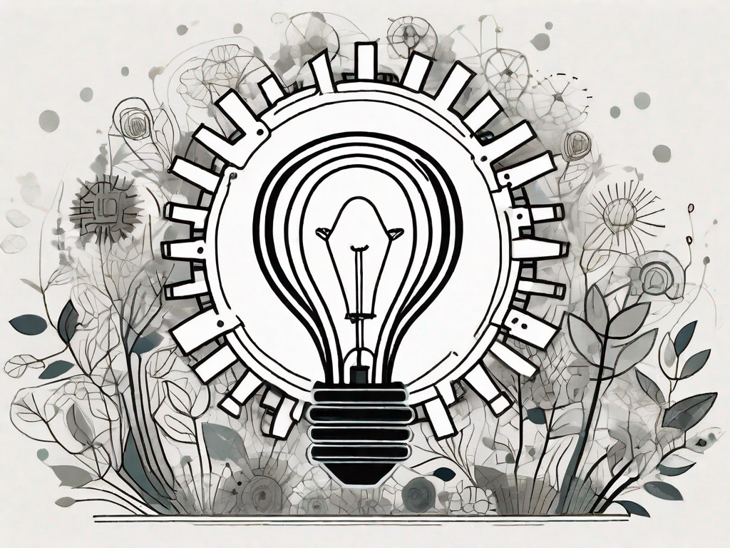 A lightbulb (symbolizing a new idea) inside a gear (representing the development process) that is surrounded by a series of interconnected steps (indicating the strategy)