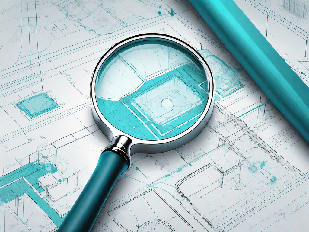 A magnifying glass examining a blueprint of a software application