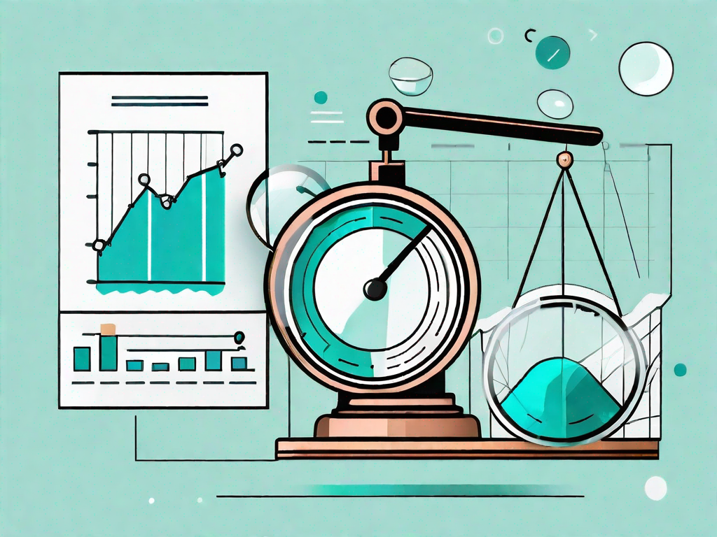 A balanced scale with various product features on one side and a magnifying glass hovering over a market graph on the other