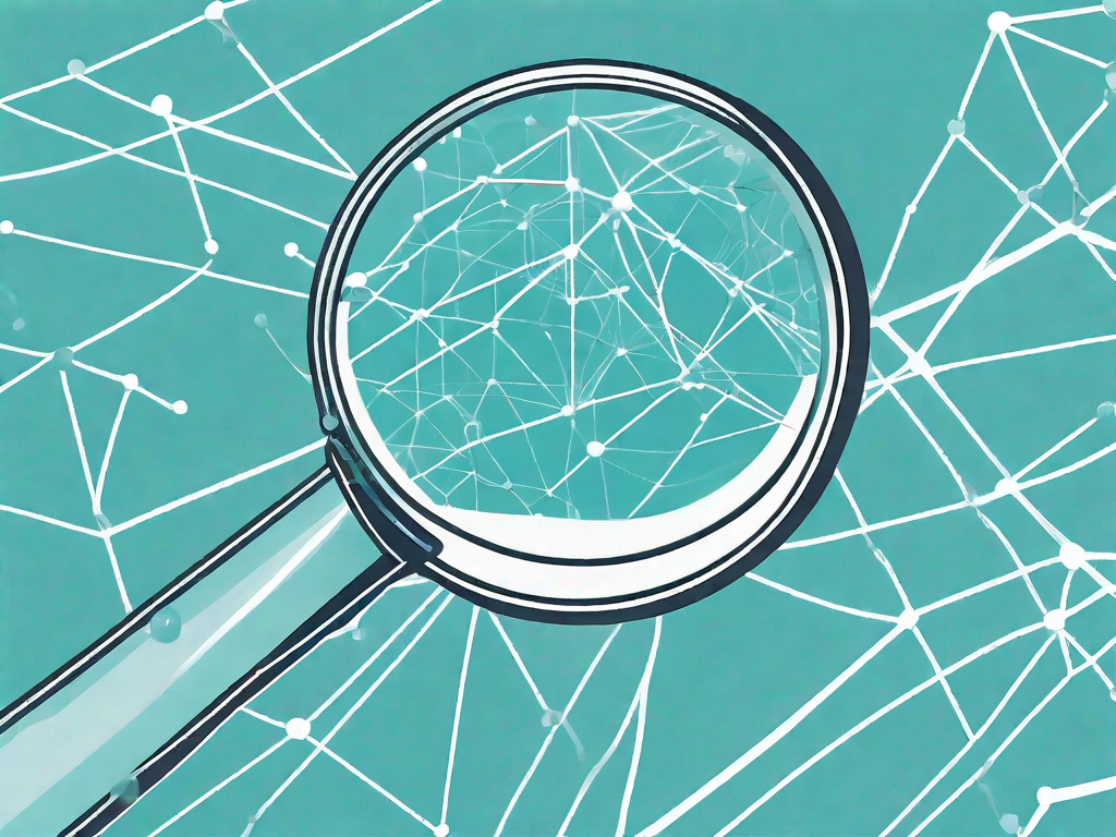 A magnifying glass examining a complex structure of interconnected nodes and lines