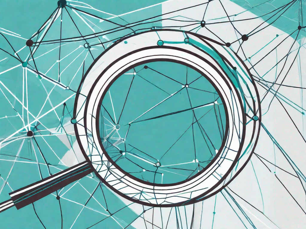 A magnifying glass focusing on a complex network of interconnected data nodes