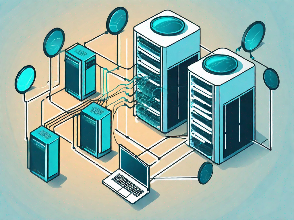 A computer server with data flowing from it to multiple other servers