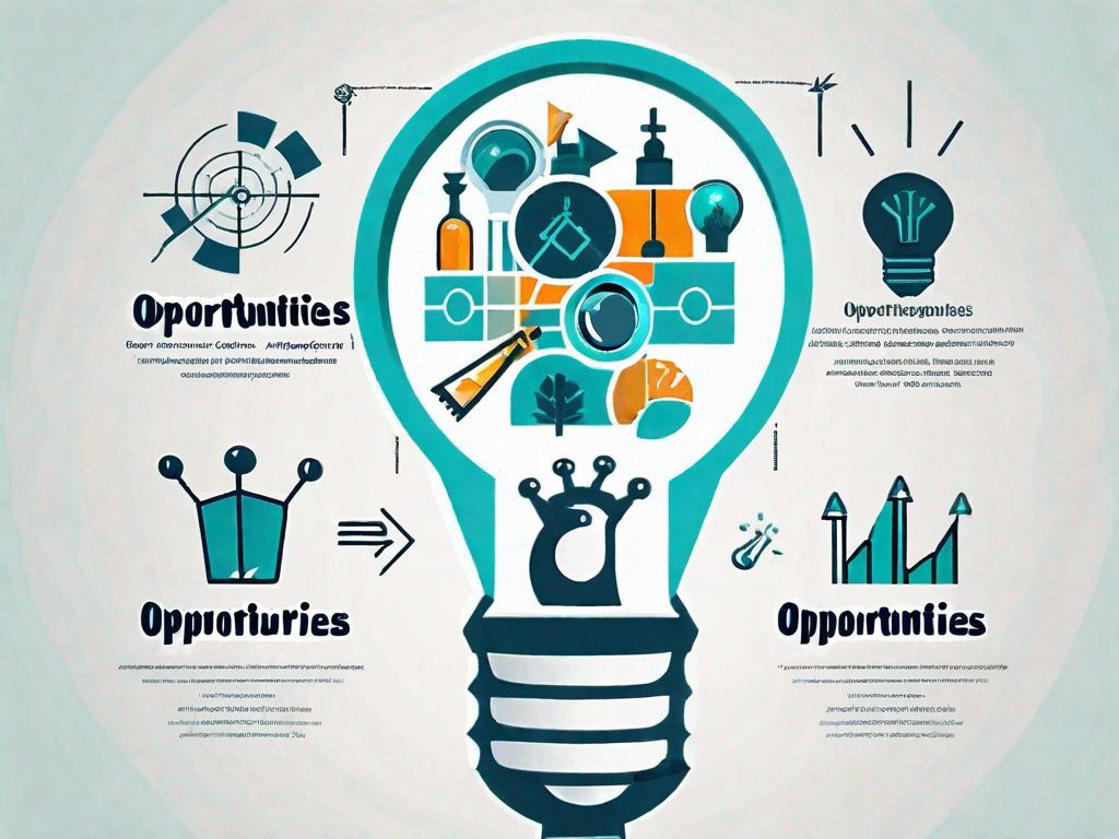 A magnifying glass highlighting the word 'opportunities' on a four-quadrant swot analysis chart