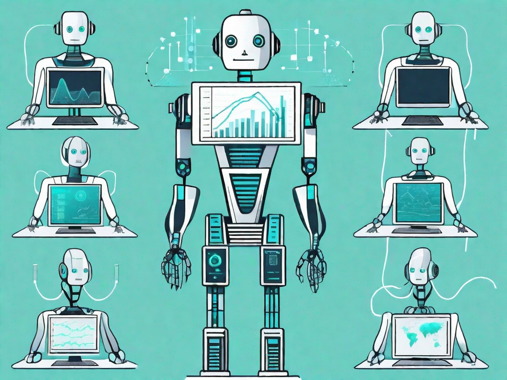 A robot analyzing various data streams on multiple screens