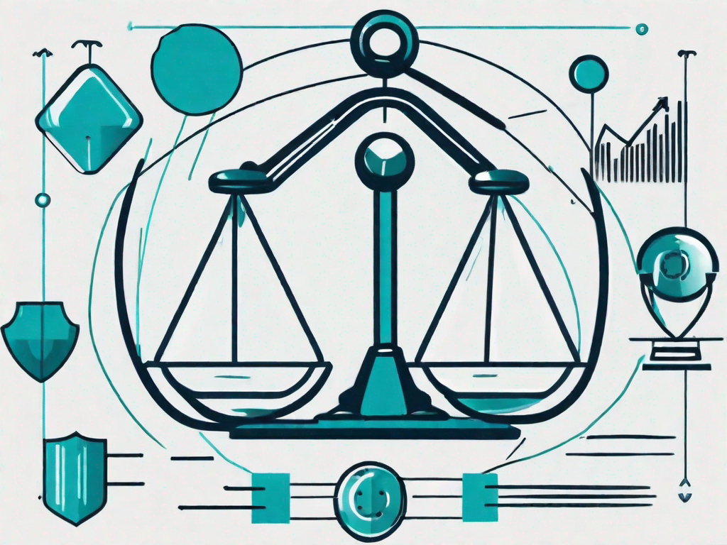 A balanced scale with swot analysis elements (strengths