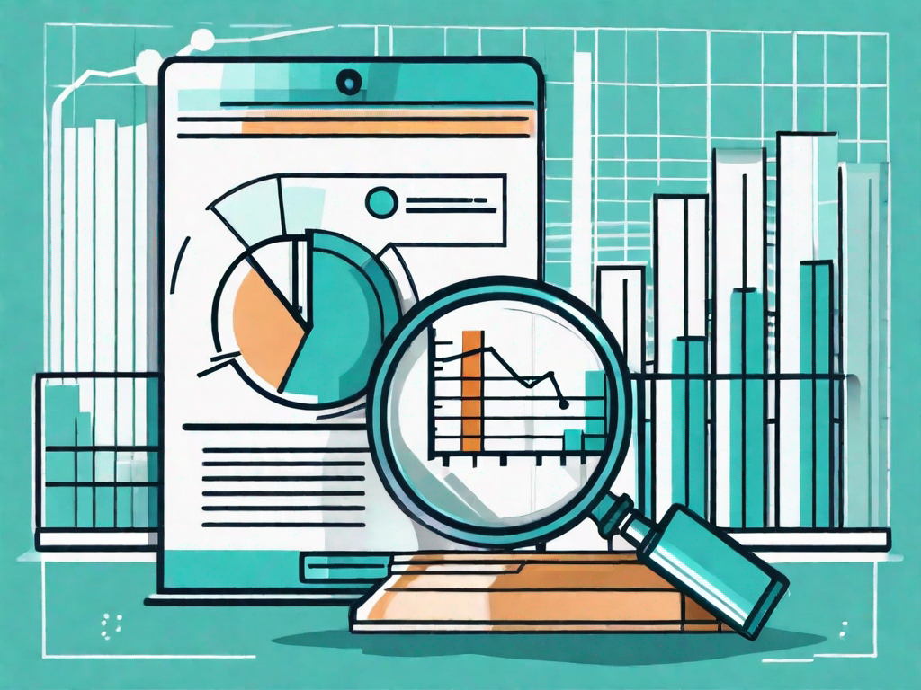 A magnifying glass hovering over a bar chart and pie chart