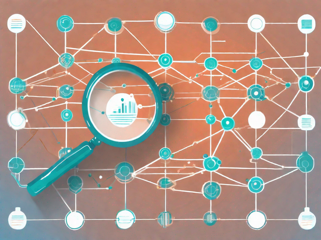 A magnifying glass hovering over a series of interconnected data points