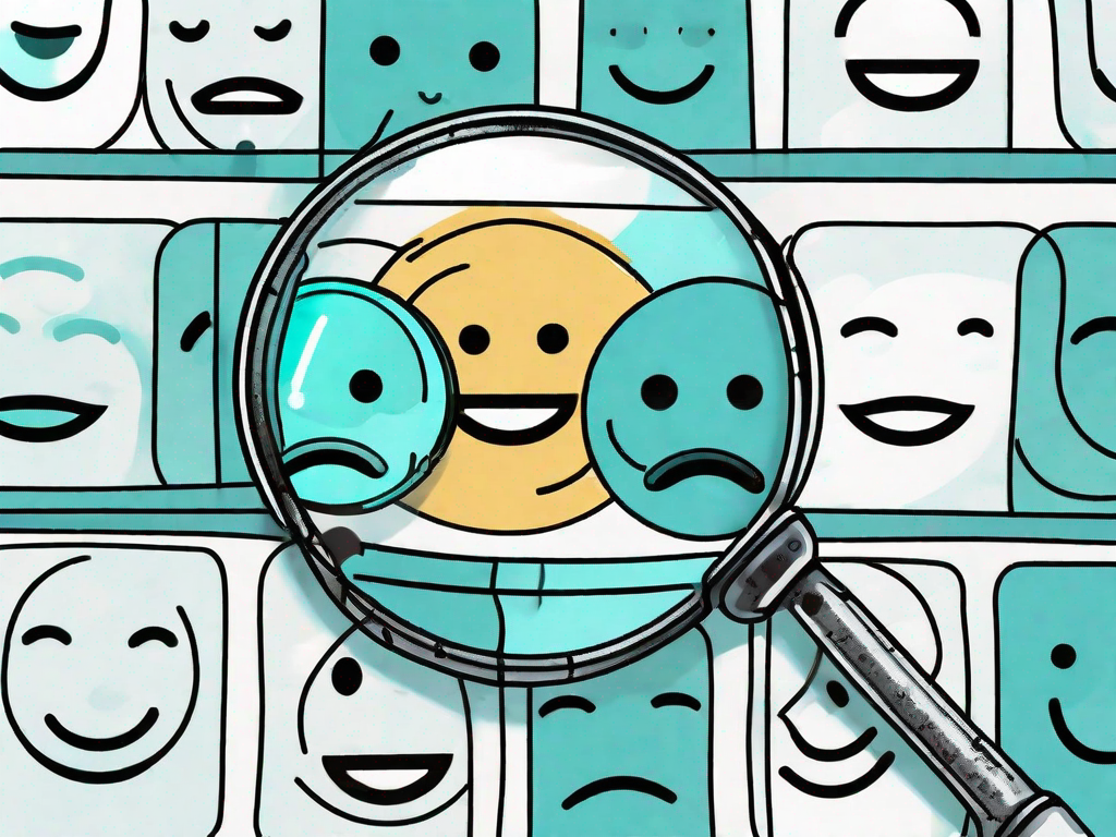 A magnifying glass focusing on a balanced scale with emoticons of a happy face and a sad face on each side