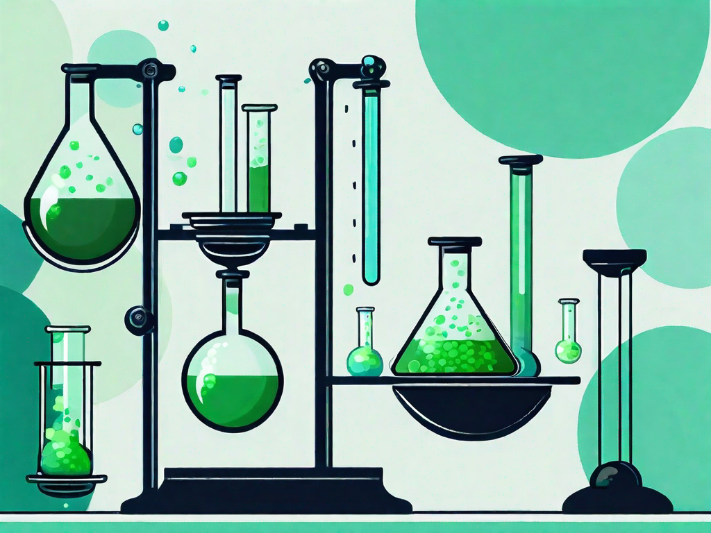 A laboratory setup with multiple test tubes containing different shades of green liquids