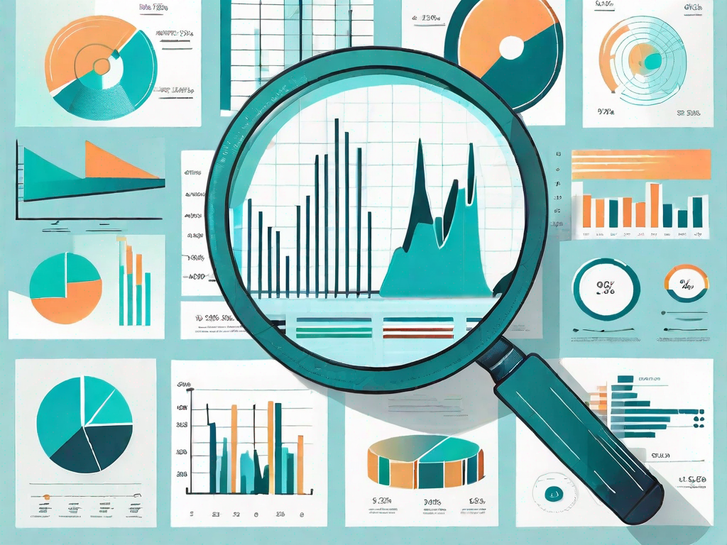 A magnifying glass hovering over a variety of different colored data charts and graphs