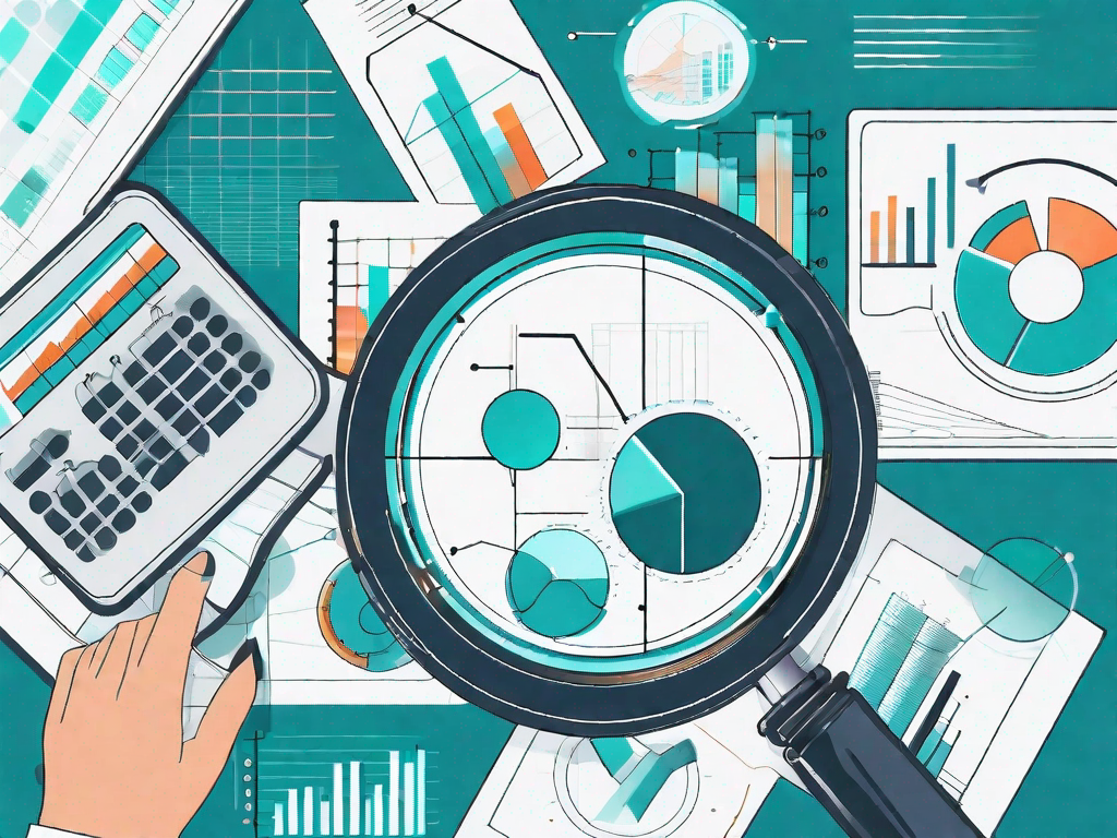 A magnifying glass hovering over a complex chart with various types of data visualizations