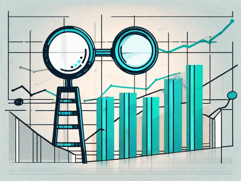 A magnifying glass hovering over a series of bar graphs and pie charts