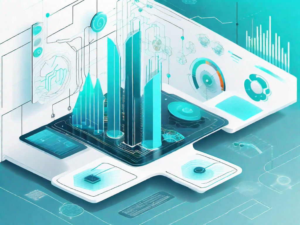 A futuristic computer interface showcasing various graphs and symbols indicating ai and machine learning processes