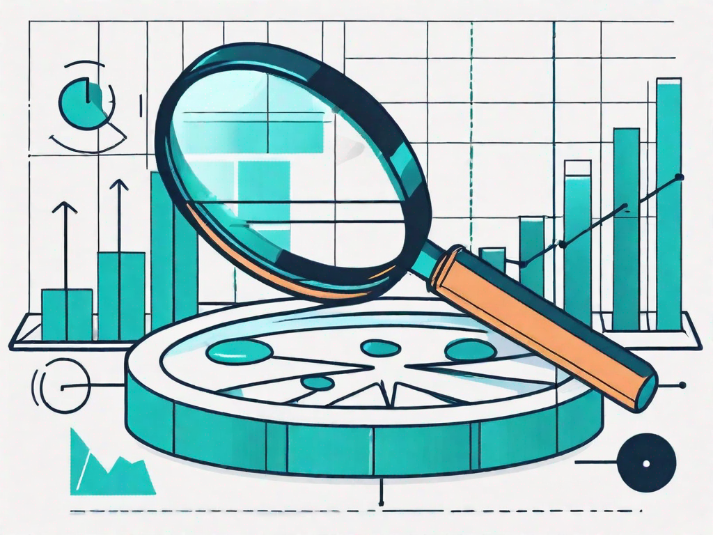 A magnifying glass focusing on a bar graph and pie chart