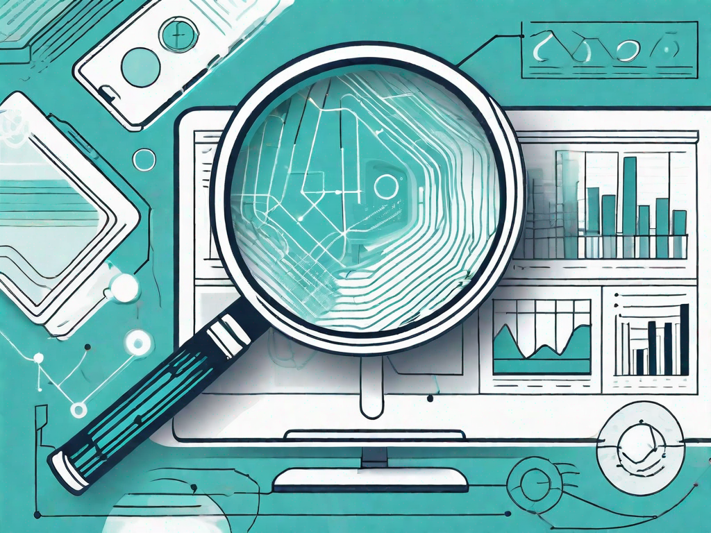 A magnifying glass focusing on a complex digital interface