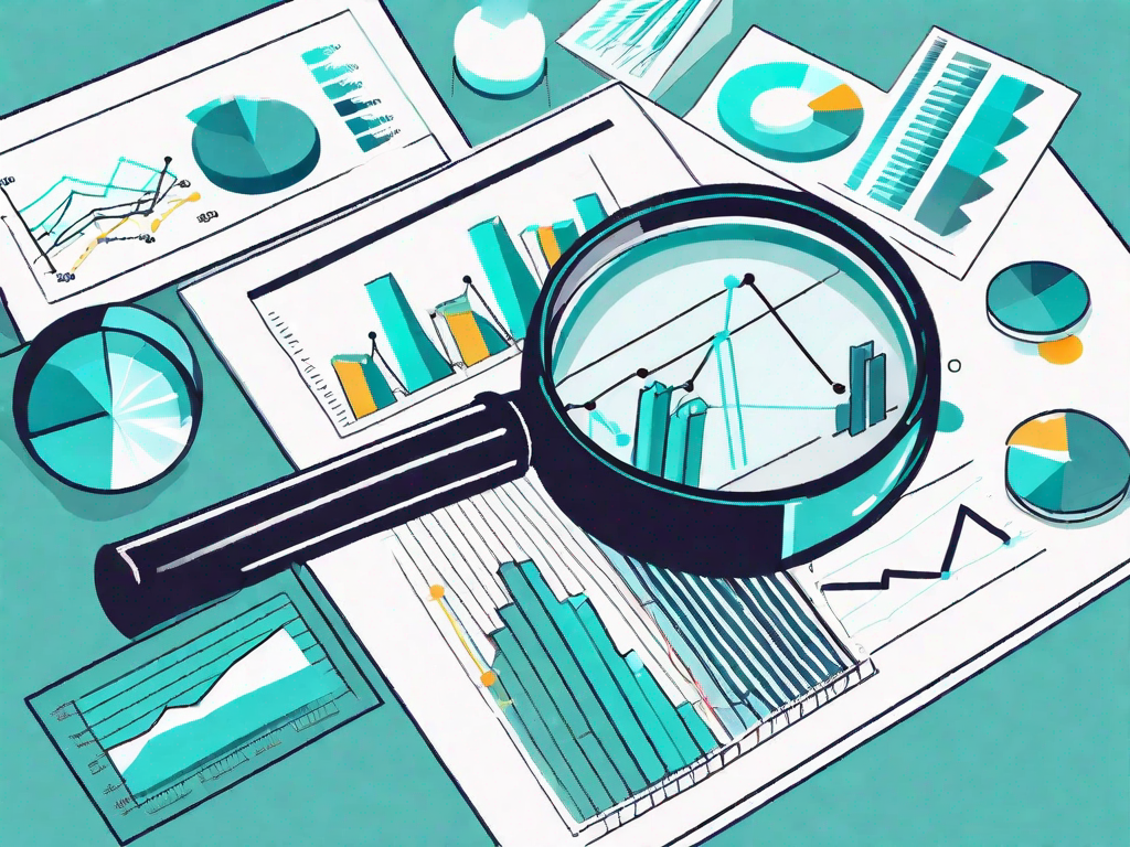 A magnifying glass hovering over a computer screen showing various graphs and charts