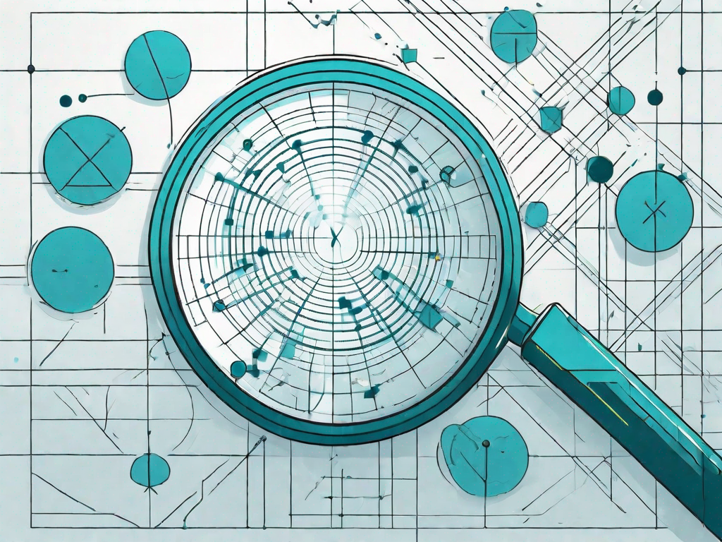 A magnifying glass hovering over a complex grid or matrix