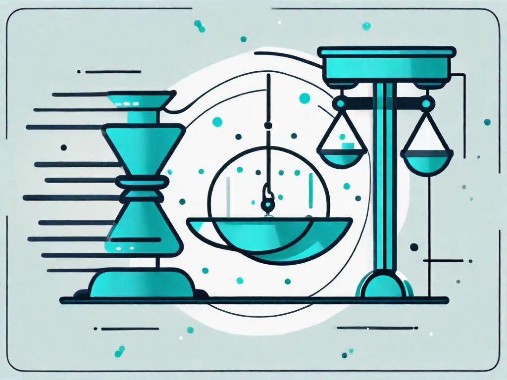 A balanced scale with data points on one side and a machine learning symbol on the other