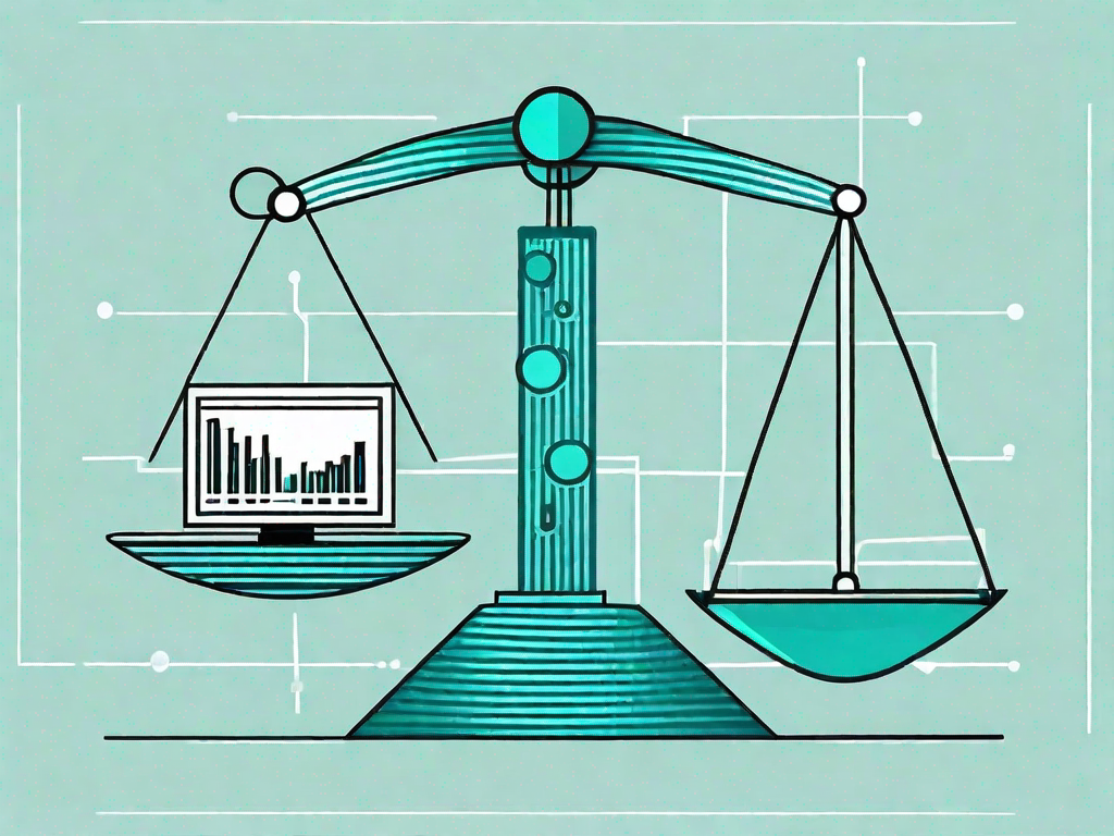 A balanced scale with a computer chip on one side and a data graph on the other