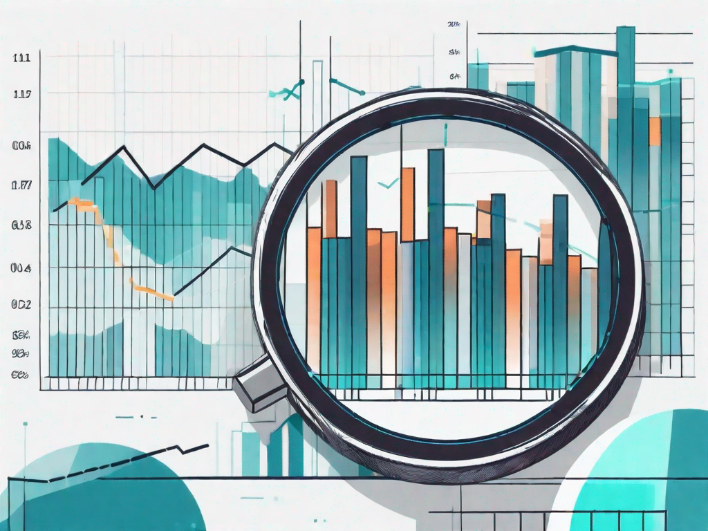 A magnifying glass hovering over a series of bar graphs and pie charts